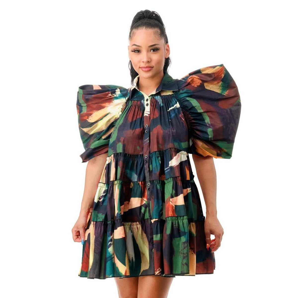 Short Sleeves Flounced Hem Flare Tunic Dress