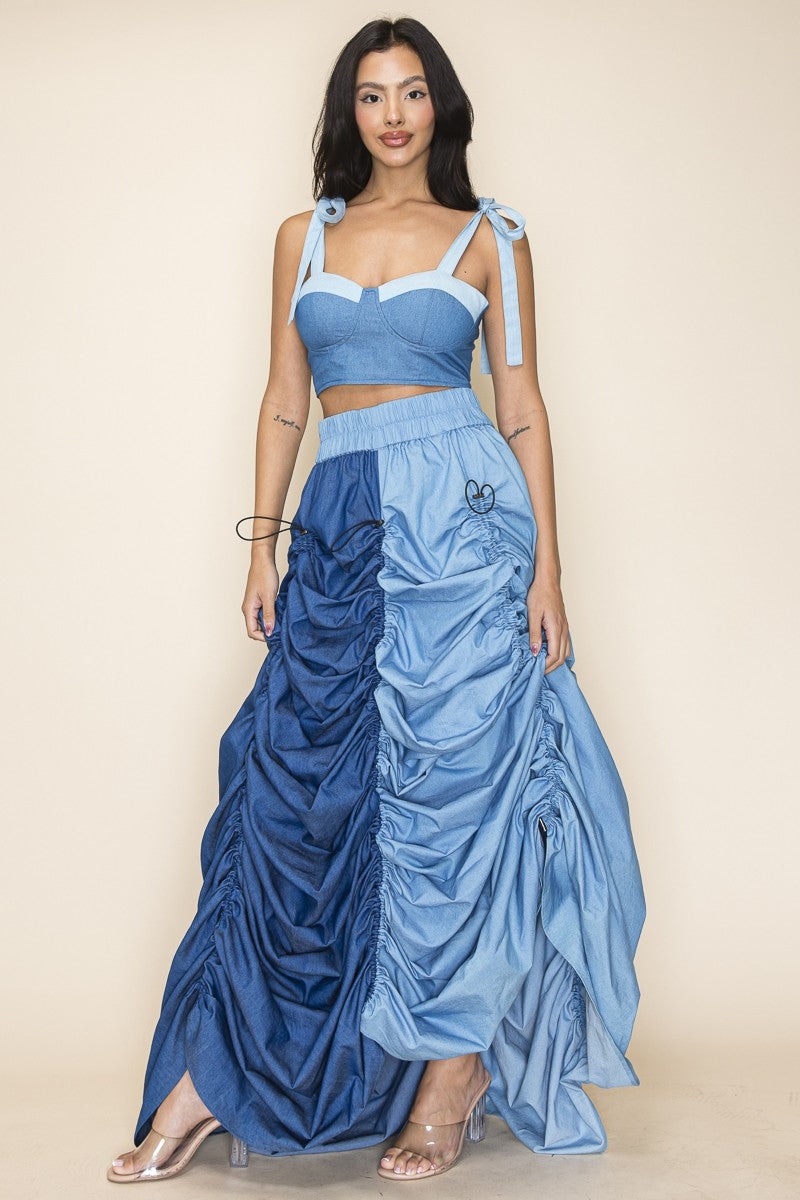 Denim Ruched Skirt Set