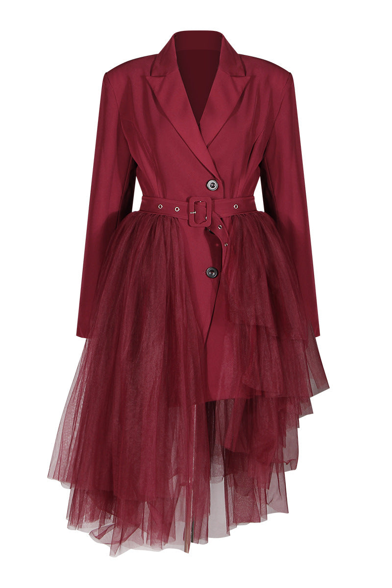 Wine Red Blazer Dress with Tulle Belt