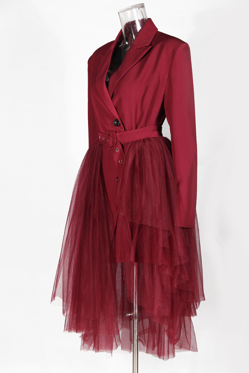 Wine Red Blazer Dress with Tulle Belt