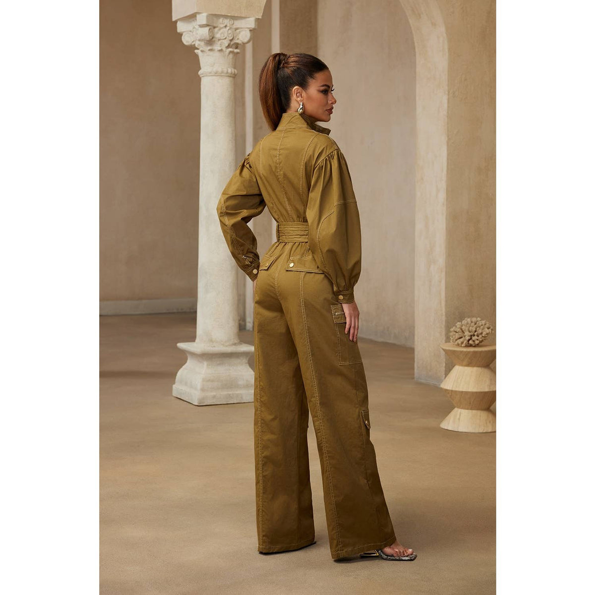 Cargo Pocket Stand Collar Puff Sleeve Wide-Leg Jumpsuit