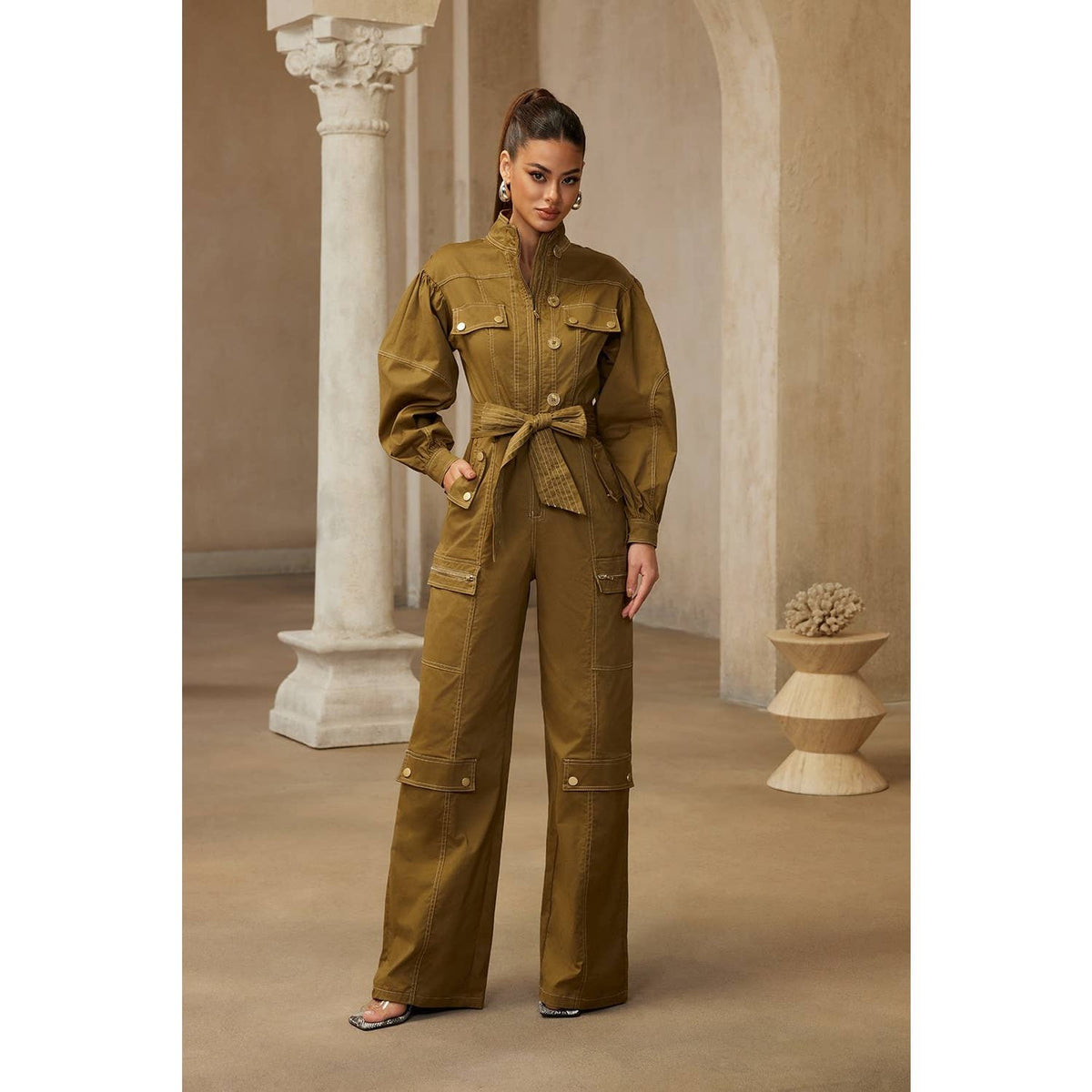 Cargo Pocket Stand Collar Puff Sleeve Wide-Leg Jumpsuit
