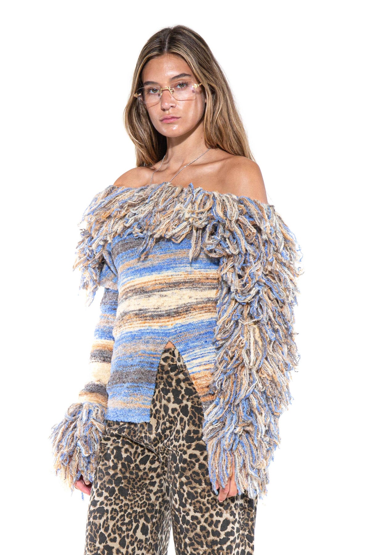 Fringe Horizon Off-Shoulder Sweater